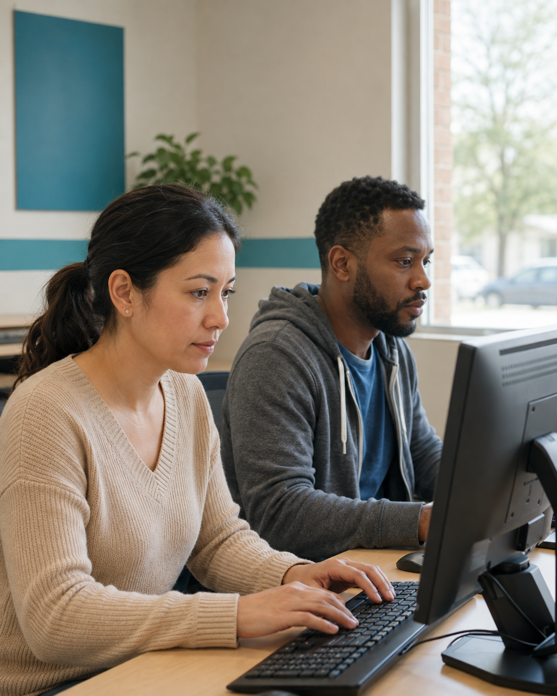 AI-generated illustration of adults using computers in a resource center